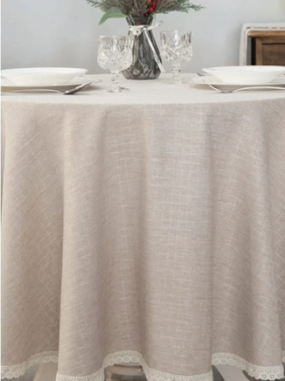 FARMHOUSE Rustic Tablecloth with Lace Trim 70” Round - BEIGE